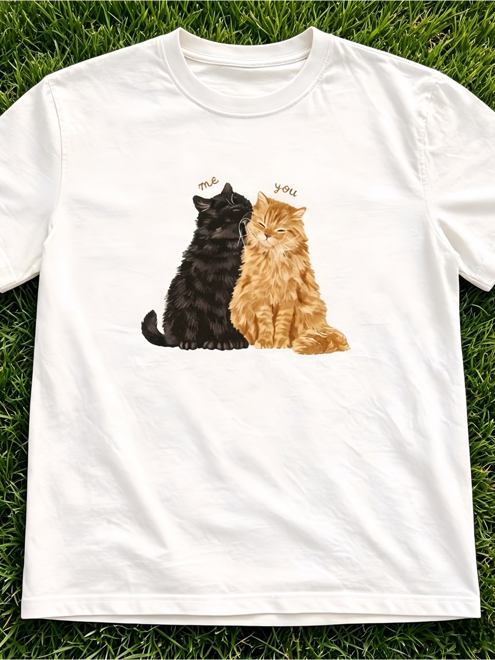 Cute "Me and You" Cat Pattern T-shirt, white, unisex.